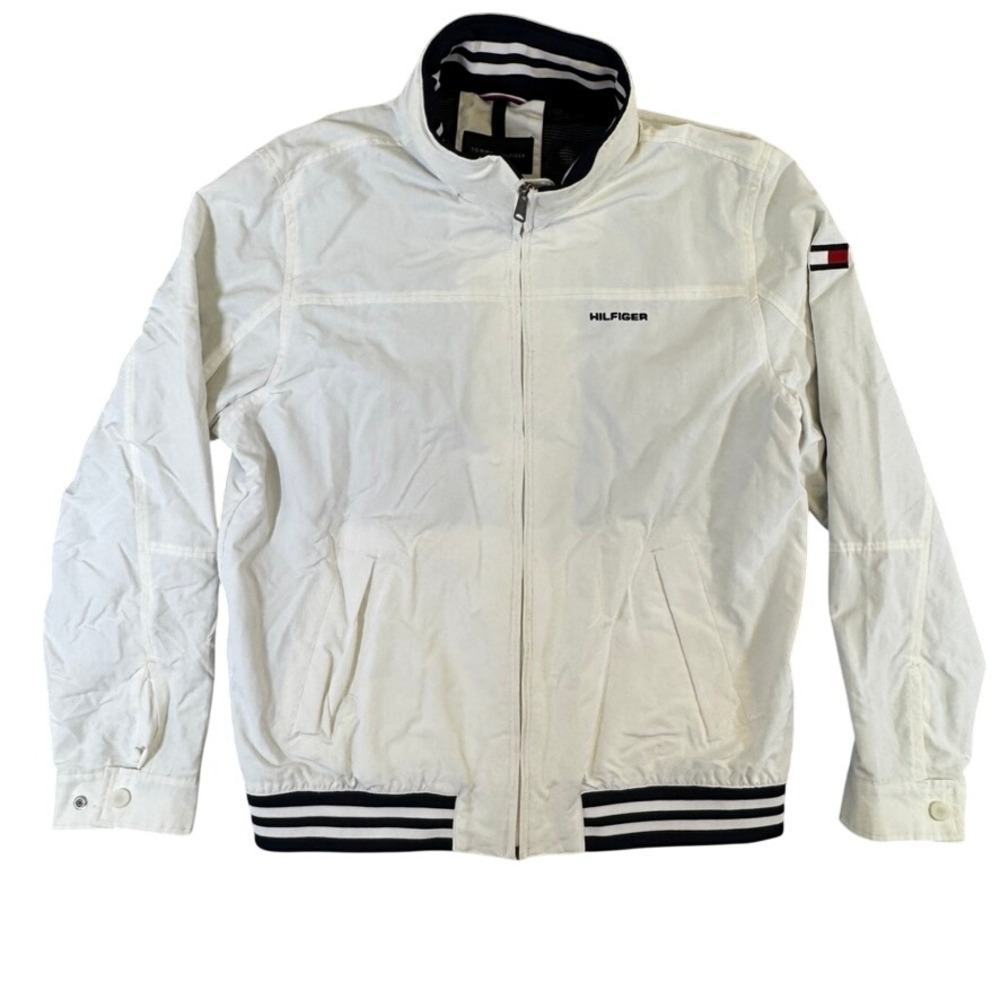 Tommy Hilfiger Mens White Yachting Bomber Jacket Full Zip Striped Trim Large